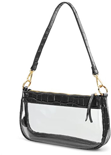 Transparente Schultertasche aus PVC, klassisch, 90er-Jahre-Portemonnaie, für Damen, veganes Leder, Krokodilleder-Tasche, schwarz, Medium