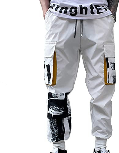 XYXIONGMAO Herren Weiß Taktische Haremshose mit Taschen Techwear Streetwear Hip Hop Jogger Sweatpants Cargohose für Männer, Weiss/opulenter Garten, XXL