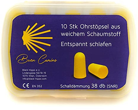 Buen Camino 10 Stk Ohrenstöpsel | Ruhig schlafen am Jakobsweg, gelb, soft, Schaumstoff-Stöpsel, hohe Geräuschunterdrückung (38DB), Transportbox, Ohrstöpsel, Earplugs, Lärmschutz, Schnarchen