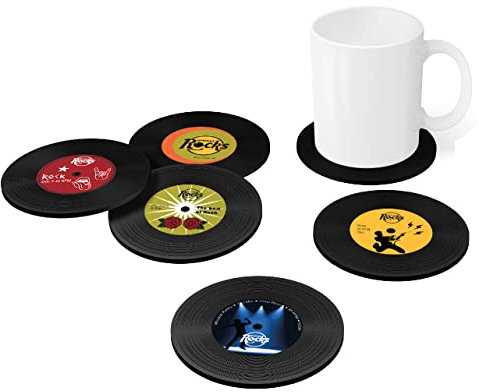 Winkee Rocks - 6 Vinyl Record Coaster | Coole Retro Glas-Untersetzer | Silikon Bierdeckel Schallplatte | Vinyl Coaster | Tischuntersetzer rund | Geschenkidee zu Weihnachten, Männerabend, Geburtstag