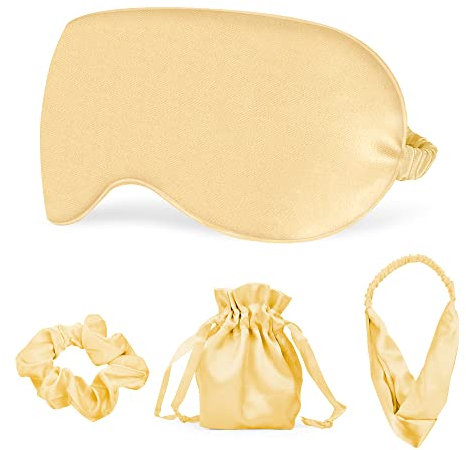 Schlafmasken Kit Satin Augenmaske Haargummis Haarband und Aufbewahrungstasche Weiche Angenehme für Pause Reise Schlafen für Damen Mädchen 4 Stück Gold