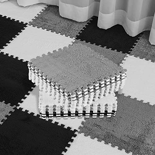 Amylove 36 Pack Plush Foam Floor Mat Square Interlocking Carpet Tiles with Border Fluffy Play Mat Floor Tiles Soft Climbing Rugs for Bedroom Playroom, 12 x 12 x 0.4 in(Black, White, Gray)