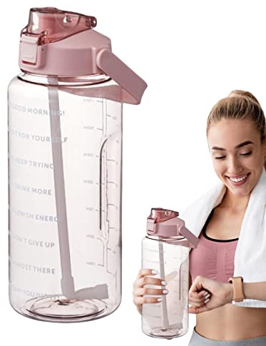 Anloximt Inspirierende Wasserflasche 2L Motivations-Wasserflasche mit Zeitmarke Strohhalm Auslaufsicherer Wasserkrug für Fitness und Outdoor