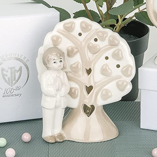 Doni Bomboniere Bonboniere Baum des Lebens aus Porzellan, Farbe Weiß und Elfenbein mit Figur für Kinder, Kommunion mit elegantem Kleid, Innenseite LED warmes Licht