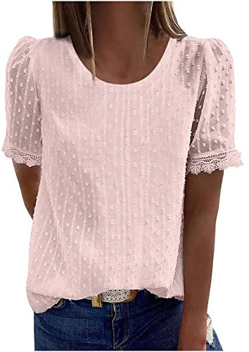 AMhomely Summer Chiffon Blouse for Women UK - Casual T-Shirt With Round Neck, Short Sleeve, Lace, Solid Color, Loose Pullover, Elegant Tunic, Henley Basic Top, 2# Pink
