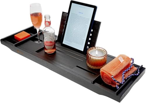 Extendable Bathtub Caddy Tray Bamboo Bath Tub Storage Rack Shelf Holder Adjustable Bathroom Tray Bathtub Storage Bridge Shelf Wine Tablet Holder (Black)