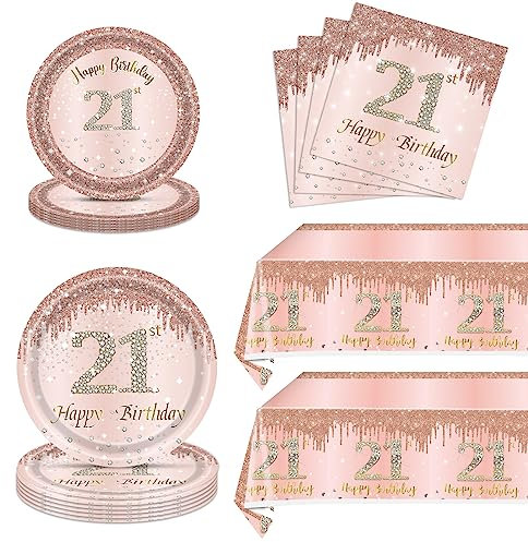 62Pcs 21th Birthday Decorations for Girls Her, Rose Gold Birthday Party Supplies Include 40Pcs Plates 20Pcs Napkins and 2Piece Tablecloth, Rose Gold Sweet 21 Birthday Party Tableware for 20 Guests