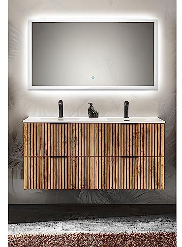 Lomadox Waschplatz Set anthrazit mit Eiche Nb. Rillen schwarz mit Doppelwaschtisch 121 cm Keramik Waschbecken LED Spiegel Touch Bedienung B/H/T: 121/200/46 cm