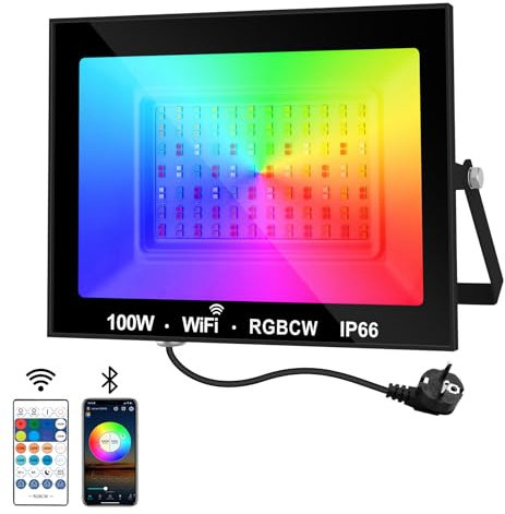 NATPOW LED Strahler Außen, 100W Smart RGB Strahler mit Fernbedienung Bluetooth App, LED Fluter Flutlichtstrahler Farbwechsel Scheinwerfer, IP66 Wasserdicht Flutlicht für Gärten, Innenhöfe(1 Stk)