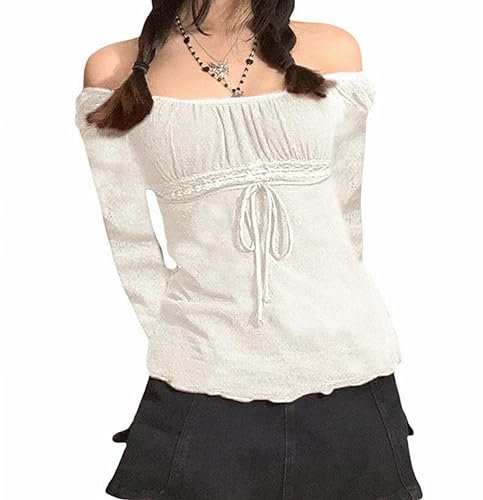 Y2k Long Sleeve Lace Crop Top Fairy Grunge Tee Shirt Patchwork Slim Fit T-Shirt Cute Kawaii Aesthetic Streetwear Fake 2 Piece Tops (d-White, M)