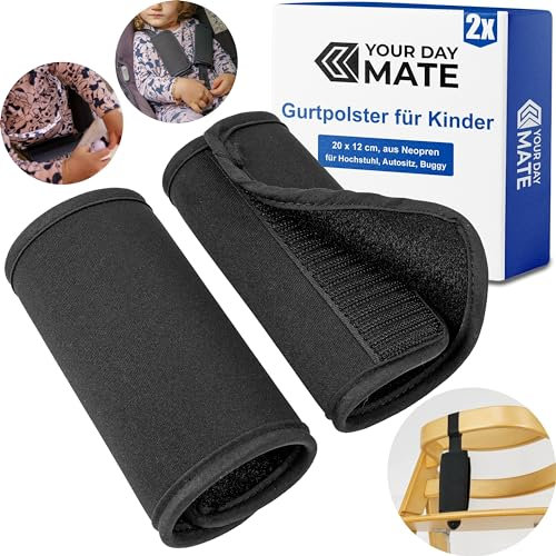 Gurtschoner für Hochstuhl und Kindersitz, 2 Stück, in Schwarz, Bezug aus weichen Neopren mit Klettverschluss, Gurtpolster Schrittgurt Kinderstuhl, Gurtkissen 5-Punkt Gurt, 3-Punkt Gurt, Autositz Gurt