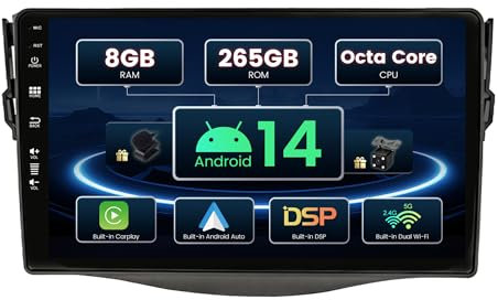 SXAUTO ¦8G+256G¦ Android 14 IPS Autoradio für Toyota RAV4 (2007-2012) - Eingebaut Carplay/Android Auto/DSP - LED Kamera + MIC - DAB Lenkradsteuerung Fast-Boot 360-CAM WiFi AHD - 2 Din 9 Zoll
