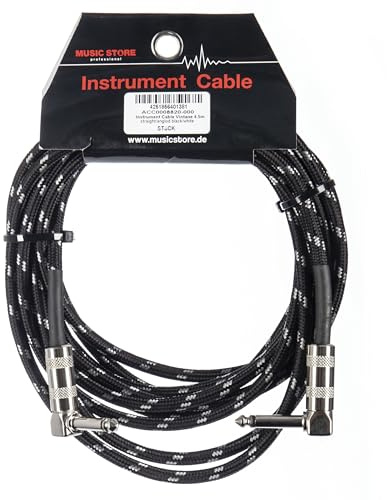 MUSIC STORE Vintage Instrumentenkabel, 4,5m, PVC-Tweed, Winkelklinke zu Winkelklinke, Vernickelte Kontakte, Ideal für Verstärker & Audio-Interfaces, Schwarz/Weiß