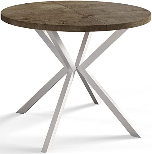 AlpiMeble Runder Esszimmertisch LOFT LITEN, ausziehbarer Tisch Durchmesser: 90 cm/170 cm, Wohnzimmertisch Farbe: Grau, mit Metallbeinen in Farbe Weiß
