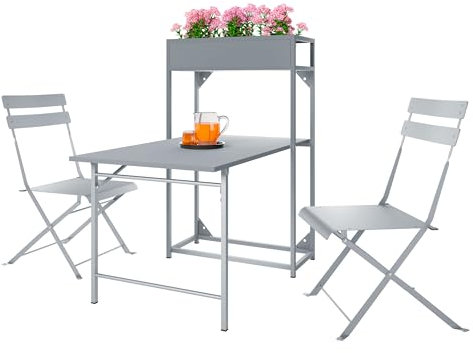 Mirjan24 Gartenmöbel Teug, Gartentisch mit Blumenregal und 2 Stühle, Balkonmöbel, Sitzgruppe für Balkon und Garten, Garden Sessel mit Beistelltisch, Gartensitzgruppe (Grau)