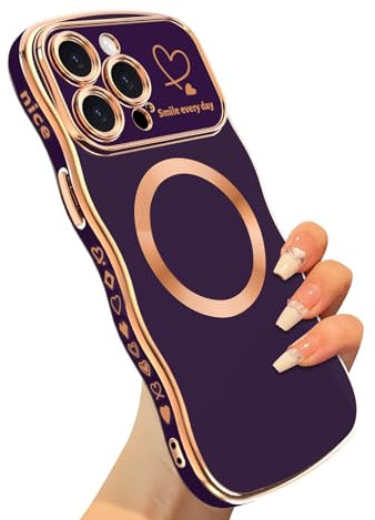 VCGFJD for iPhone 15 Pro Max Case for Women Girls, Magnetic Luxury Plating Cute Wave Curly with Love Heart Pattern Phone Case, Slim and Soft Shockproof with Camera lens protector Design - Purple