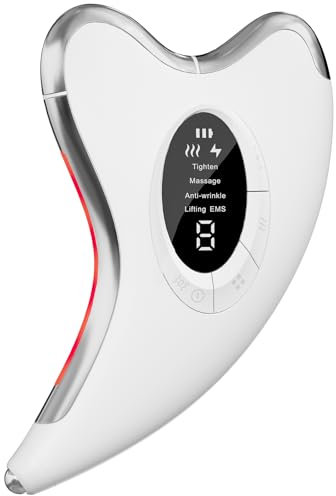 EMS Gua Sha, Profey Masajeador Facial, Gua Sha Eléctrico con 45℃ Calor y Vibración, EMS Lifting 9 Niveles, 4 Modos, LED Azul Amarillo Rojo, Facial Eléctrico Antienvejecimiento Lifting GuaSha Facial