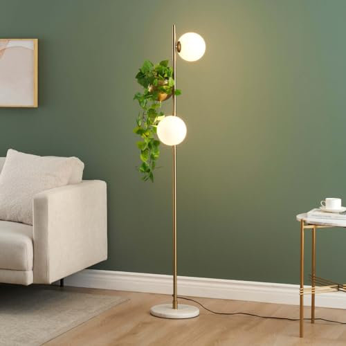 KOSILUM - Lampadaire doré verre blanc avec support plante - Ortensia - Lumière Blanc Chaud Eclairage Salon Chambre Cuisine Couloir - 2 x max 5W - - G9 - IP20