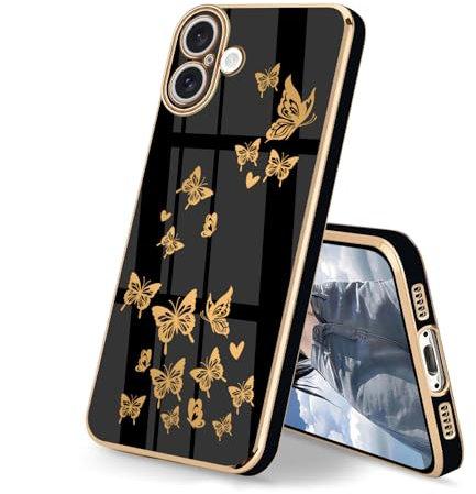 HopMore Case for iPhone 16 Phone Case with Gold Butterfly Heart Pattern Design, Ultra Slim Thin Soft Silicone Shockproof Flexible TPU Anti-Scratch Cover for iPhone 16, Black
