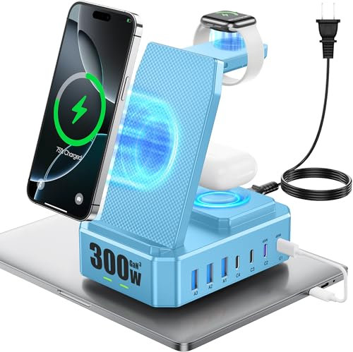zutspzss Multi Device Charging Station, 300W 10-in-1 Wireless Charger for iPhone 16, GaN III, USB C, 65W, PD, Fast Charging Station for MacBook, Apple Watch, Airpods, Blue