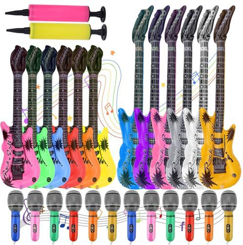 26pcs Inflatable Rock Star Guitar & Microphones, Multicolored Blow up Guitar Musical Instrument Balloons Toy Set for 80s 90s Themed Party Favors Birthday Supplies Christmas Decoration