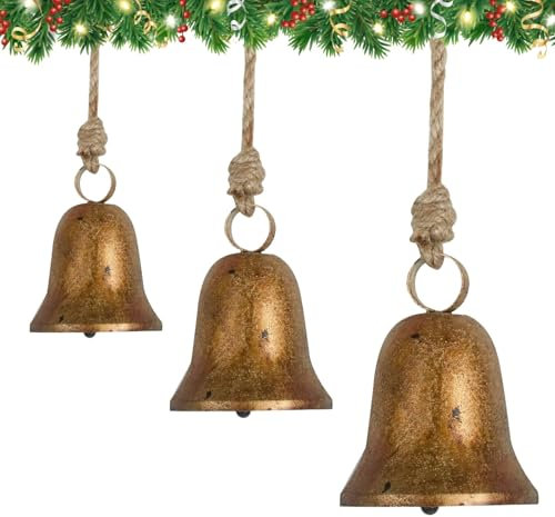 Traditionelle Weihnachtsglocken, große rustikale hängende Glocken mit Juteseil, antikes goldfarbenes Metall, Weihnachtsglocken für Bäume, Kränze, Türen, Kamine, Hochzeiten und Heimdekorationen, 3