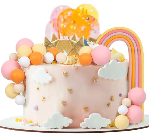 LARDUX 26 PCS Ball Cake Toppers - Mini Balloon Balls Pastel Rainbow DIY Baking Cupcake Cake Decorations for Birthday Baby Shower Macaron Unicorn Party (Yellow)