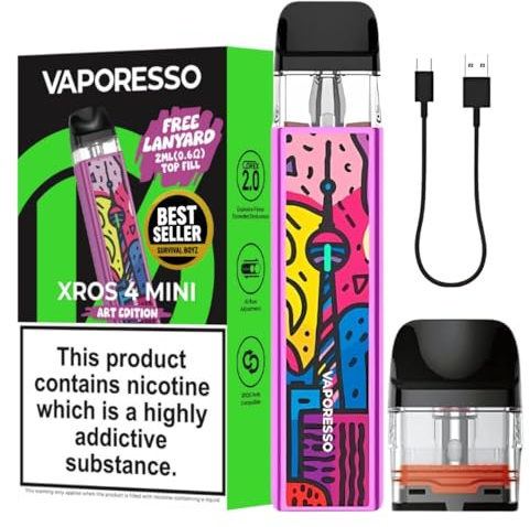 Vaporesso Xros 4 Mini Vape Kit [Pink City] - Available in 13 colours - 1000mAh High Density Battery, Type-C Fast Charging, 30W Output, LED Indicator, Anti-Leak - Works with all XROS Pods - No Nicotine