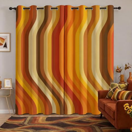 Generisch Vorhang Retro 70er Blickdicht, Vorhänge Vintage Orange, Fenster Gardinen Schlafzimmer Wohnzimmer, Verdunklungsvorhänge mit ösen, Thermovorhang, 2er Set Curtains, H 245 x B 140 cm XC138