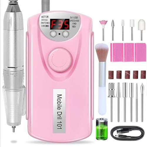 12 PCS Cordless Electric Nail Files,Professional Rechargeable Nail Drill 30000 RPM, Portable E File Kit for Acrylic Gel Nails Manicure Salon Home, Pink