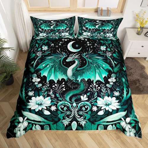 Homemissing Kids Dragon Bettwäsche Set 200x200cm, Green Dragon Bettbezug Set Dragon Lovers Bettwäsche für Kinder Jungen Mädchen Boho Bettwäsche-Set Einfügen Zimmerdekoration 3 Stück