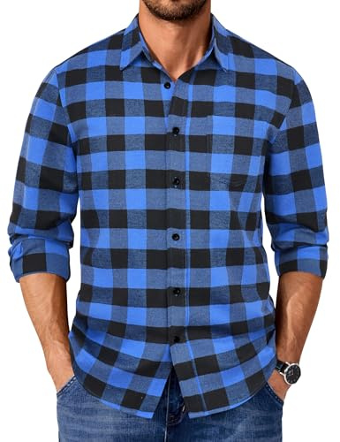 COOFANDY Men's Checked Shirt Long Sleeve Lumberjack Black Blue L
