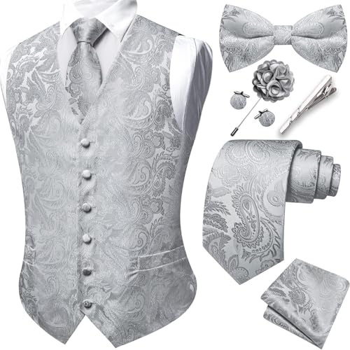 Barry.Wang Men's Silver Waistcoat Tie Bowtie Set Hanky Cufflinks Tie Clips