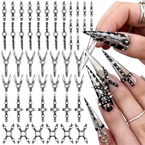 70 Stück Punk Kreuz Gürtel Nail Charms Y2K Metall Gothic Belts Nageldesign 3D Retro Silber Schwarz Goth Nagelcharms Set DIY Cool Nieten Nagelschmuck Charms Nägel Zubehör Nail Supplies Nailart