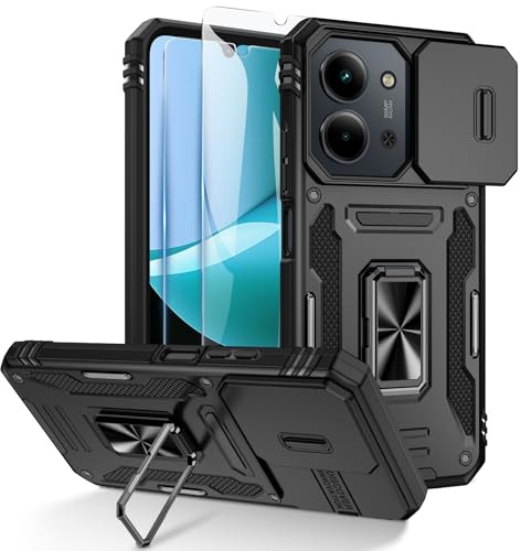 Doeshine für Xiaomi Redmi 15C 4G/5G Hülle mit Ring Ständer,Schwarz | Handyhülle mit 2 Stück Displayschutzfolie, Kameraschutz, Robust Fallschutz Outdoor Militär Schutzhülle
