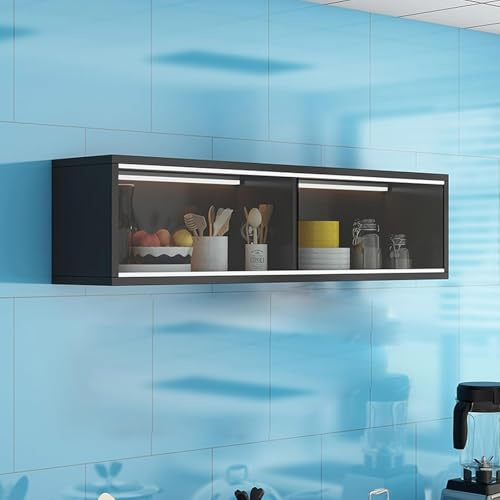 Yidlkecqey Wall mounted glass storage cabinet,kitchen wall cabinet storage Left and right sliding door,Kitchen Organization Hanging Display Cabinet Suitable(Black,120x24x30cm/47.2x9.4x11.8in)