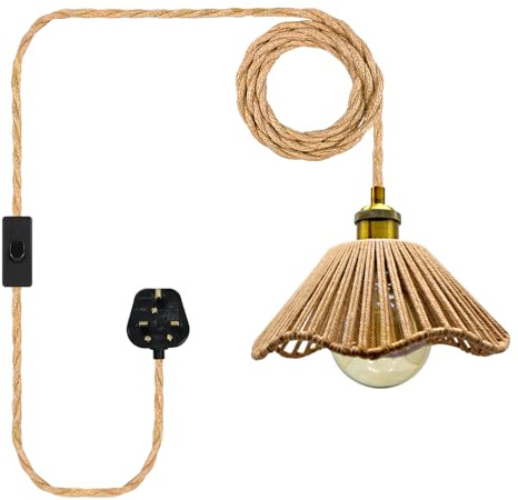 LAKONEI 510cm Plug in Hemp Rope Cord Hanging Fixture, Antique Bronze E27 Lamp Holder with Switch, Hemp Cable Hanging Lamp with Hand Woven Rattan Shade, Boho Vintage Pendant Light for Ceiling Decor