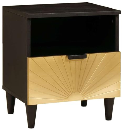 kithwjll Nachttisch Schwarz Gold 40x33x46 cm, Massivholz Akazie, mit Schublade und Regal, schmaler Beistelltisch für Schlafzimmer, modern Farmhouse Optik