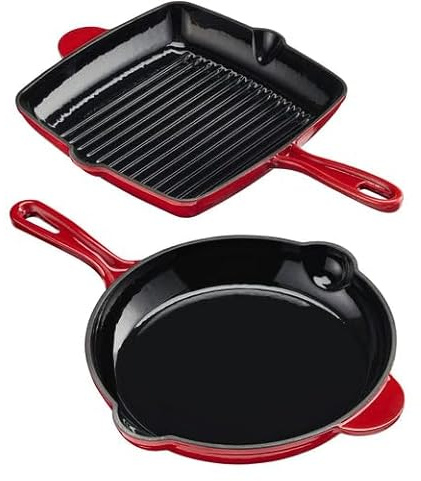 Cooks Professional 2 Piece Cast Iron Frying Pan & Skillet Set | Heavy-Duty Cooking Pans with Enamel Interior | Oven Safe to 260°C, Induction & All Hob Compatible | PFAS, PFOA & PTFE-Free | Red