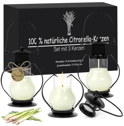 Citronella Kerze, 3 Stücke Citronella Kerze Outdoor im Glas Natürliches Sojawachs, Zitronengras Duftkerzen Retro Dekor - Perfekt für Camping, Grillen, Picknicks, Garten, Schlafzimmer