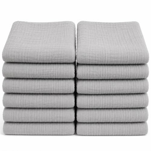 Dudu N Girlie - 12 Stück - 100% Baumwolle kleine Musselin Quadrate - atmungsaktive & weiche Baby Spucktücher extra groß - Neugeborene Essential - Musselin Waschlappen 70cm x 70cm, grau