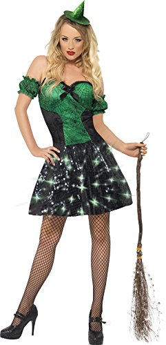 Smiffys Wicked Witch Light Up Costume, Green with Dress & Sleeves, Fever Fancy Dress, Witch Dress Up Costumes