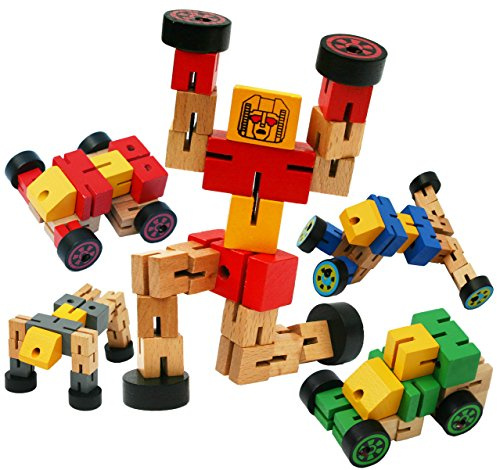 TOWO Wooden Transforming Robot Car, Red Vehicle Building Toy | Red wooden car transforms into a robot; compact construction toy for travel, pretend play and stocking filler gifts, age 3+