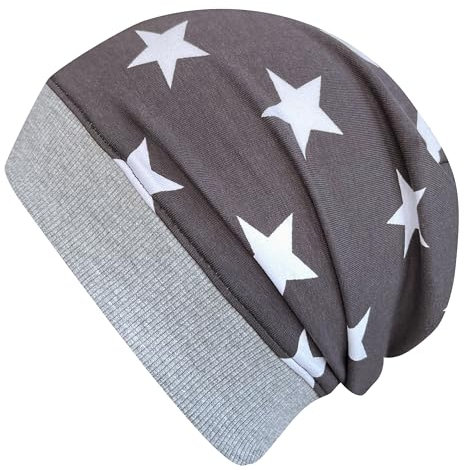 Wollhuhn ÖKO Beanie-Mütze mit Sternen grau/weiß (aus Öko-Stoffen, Bio) für Mädchen und Jungen, 20150225, Größe M: KU 51/53 (ca 3-5 Jahre)