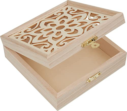 VBS Holzkasten Ornament-Blume Truhe 12x12x4.5 cm Sperrholz 7.2 mm Stark