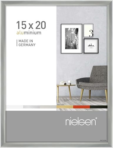 nielsen Bilderrahmen, 15 x 20 cm, Aluminium, Silber glanz, Fotorahmen zum Auftstellen und Aufhängen im Hoch- & Querformat, Echtglas, Pixel