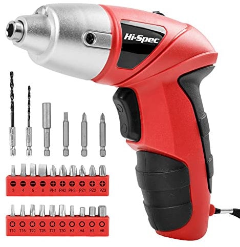 Hi-Spec 27 Pc Red 3.6V Cordless Electric Screwdriver Set. Power Screwdriver with Rechargeable Battery LED Light and 23 Driver Bit Set for DIY Home & Office