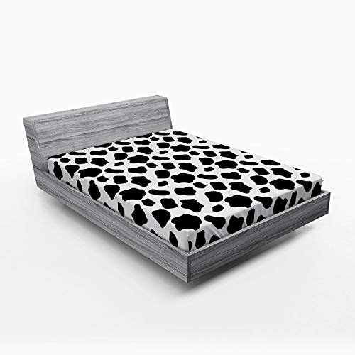 ABAKUHAUS Kuh-Druck Spannbetttuch, Kuh-Haut mit Spots, Soft Dekorativer Stoff Bettwäsche Rund-um Elastischer Gummizug, 140 x 200 cm, Weiß Schwarz