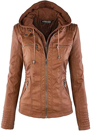 Newbestyle Damen Lederjacke mit Reißverschluss Kurzer Kapuzenmantel, braun, 36