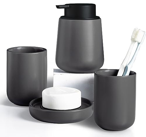 Keramik Badezimmer Zubehör Set, 4-teiliges Seifenspender Set, Grau Badezimmer Set inklusive Seifenspender und Seifenschale, 2 Zahnputzbecher für Zuhause und Bad, Autumnlife